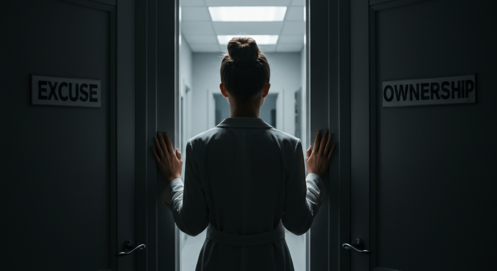 Person choosing between excuse and ownership doors representing responsibility in marriage