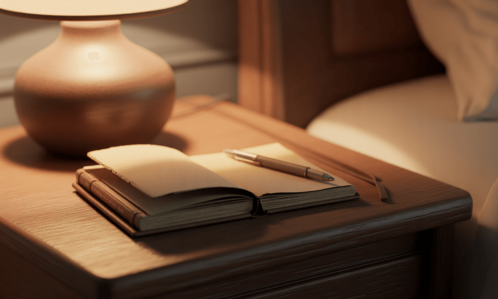 Journal and pen on a bedside table, symbolizing a simple nightly reflection practice for marriage in the present tense