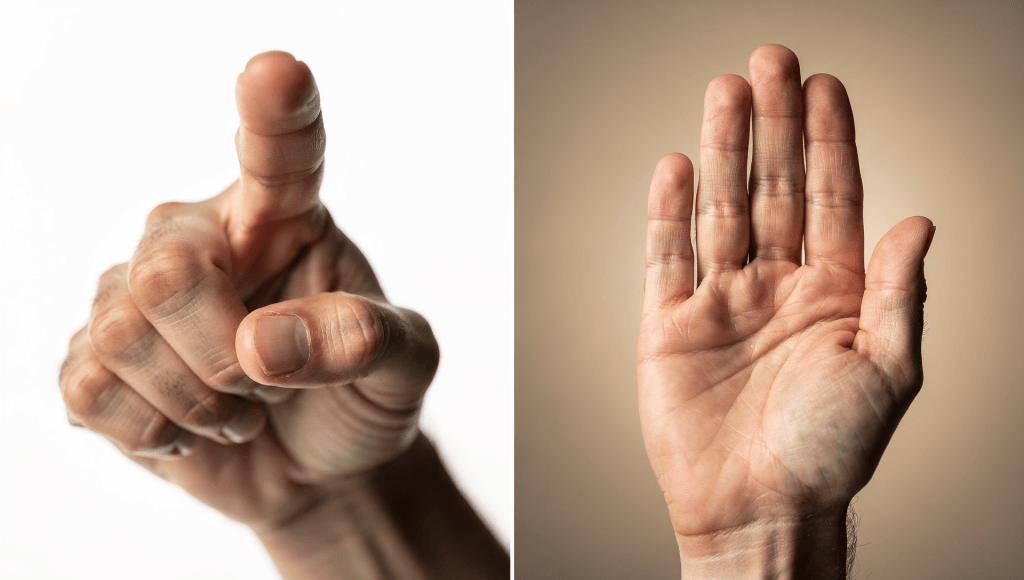 Contrast between a pointing finger and an open hand, visually showing the shift From Nagging to Nudging in how you invite change.