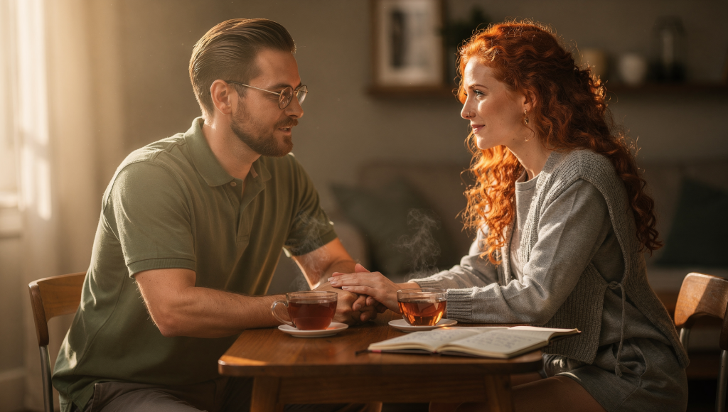 Cross-cultural couple having a weekly unity check-in about family and cultural pressure.