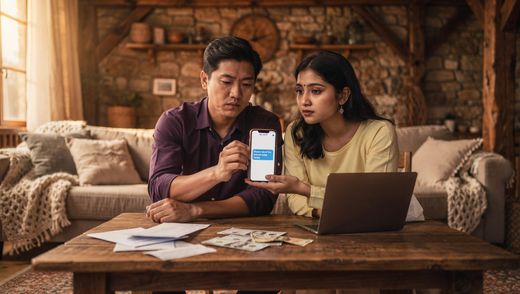 Married couple praying and talking through money requests from family in a Christian way.