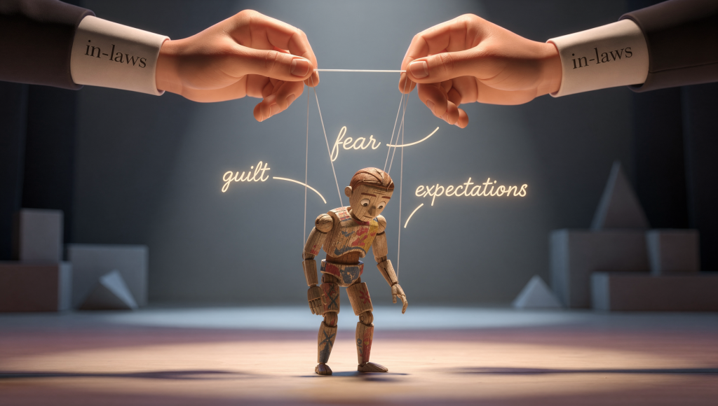 Illustration showing how emotions allow in-laws to quietly drive your marriage from behind the scenes.