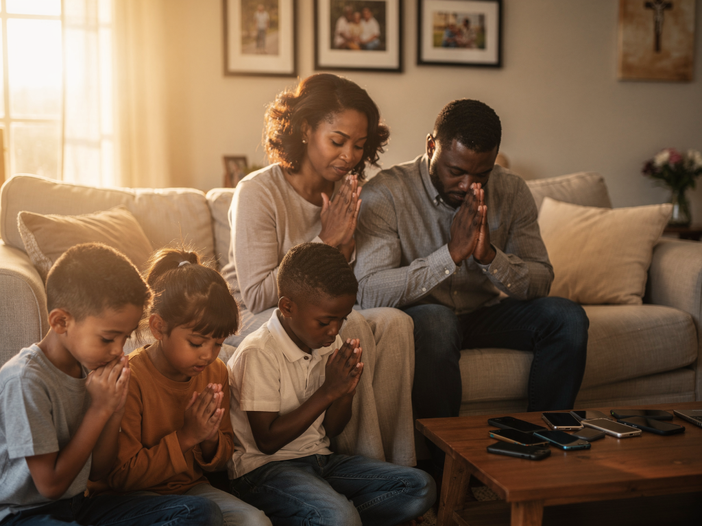 Parents and kids living the Loyalty Ladder God Spouse Kids Then Family through shared prayer and connection at home.