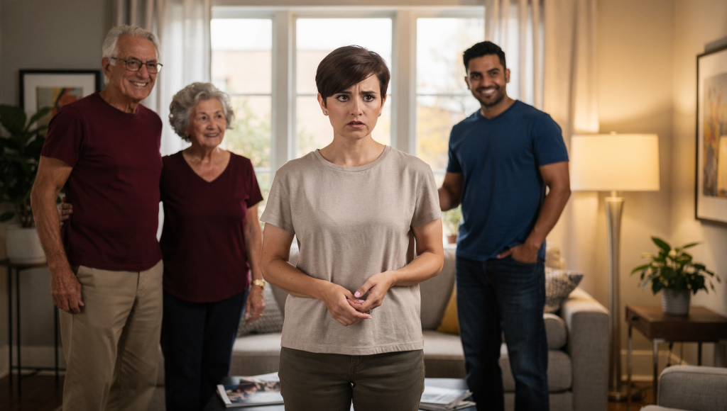 Cross-cultural Christian trying to honor parents without betraying their spouse, standing between both sides.