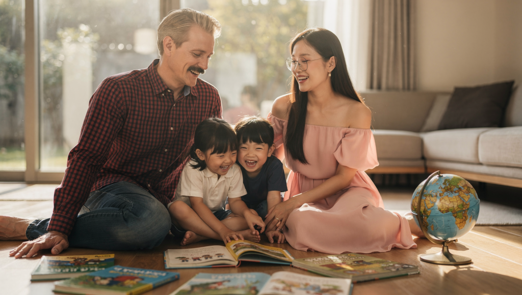 Parents parenting across cultures, playing with their children while deciding who gets a vote in family decisions.