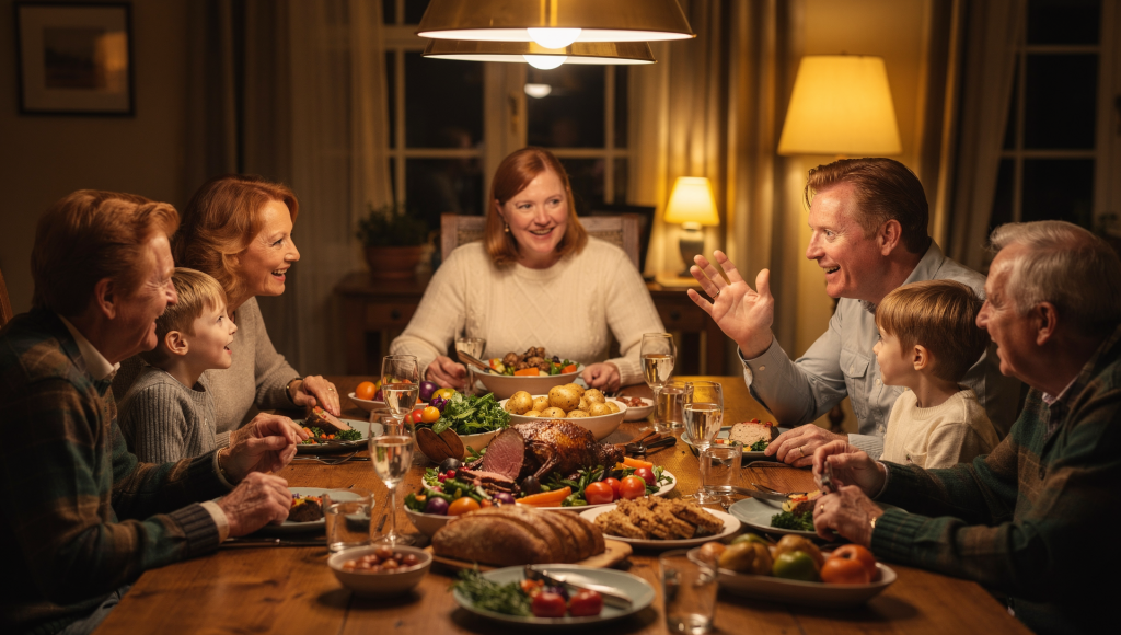 Adult child speaking up to honor parents without betraying their spouse during a family gathering.