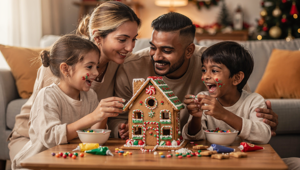 Cross cultural couple and kids enjoying peaceful family time at home after learning how to stop dreading holiday gatherings.