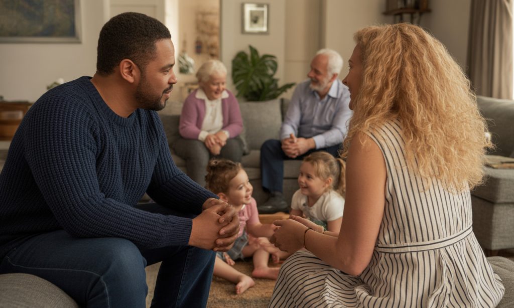 Parents kindly explaining who gets a vote in parenting across cultures while maintaining relationship with grandparents.