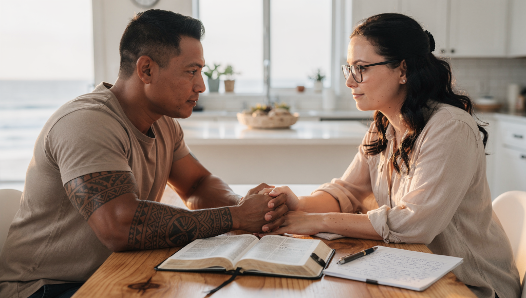Cross cultural Christian couple praying and planning peaceful boundaries together.