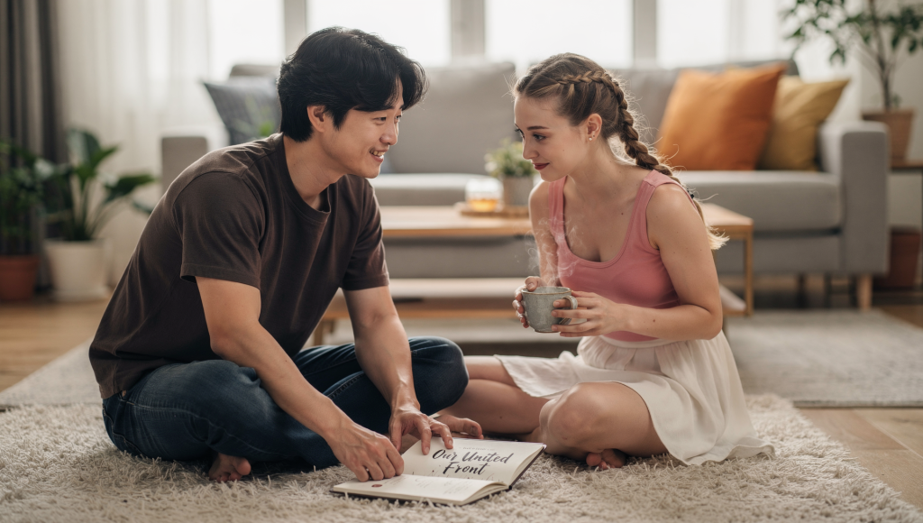 Husband and wife designing The United Front: The Missing Skill in Cross-Cultural Christian Marriage together in a private conversation.