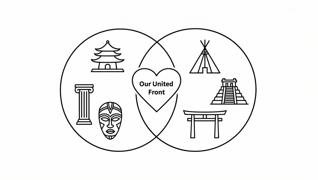 Two cultures blending into one shared space that represents The United Front: The Missing Skill in Cross-Cultural Christian Marriage.