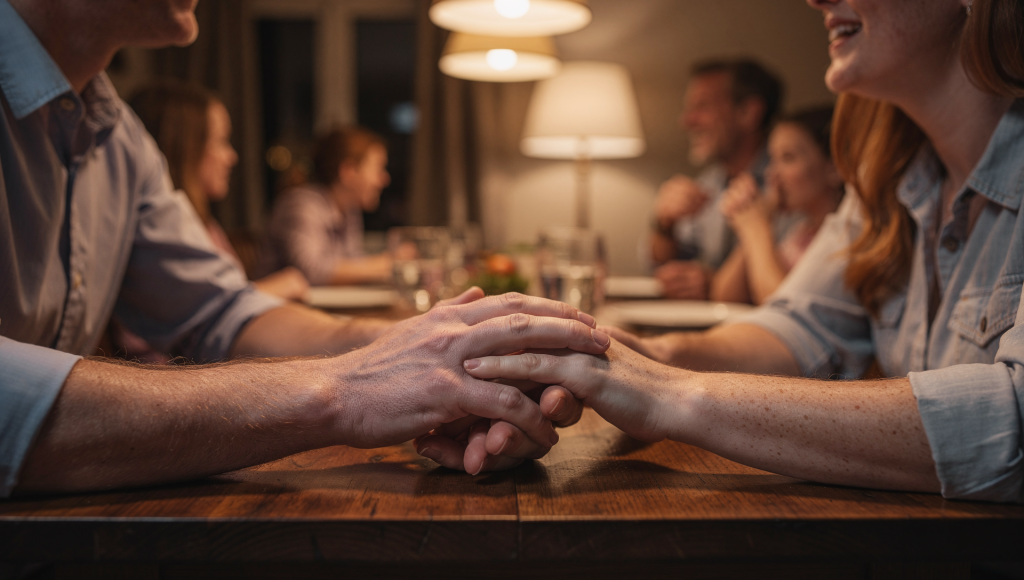 Couple staying calm and united with a simple hand squeeze while using the United Front Conversation during a family discussion
