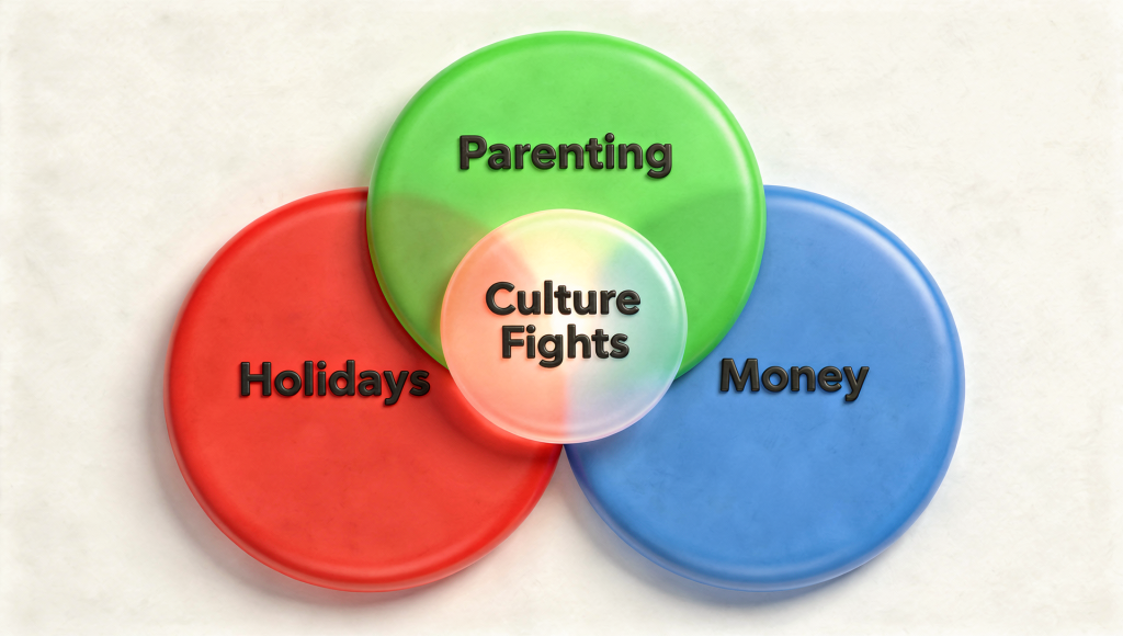 Diagram showing how holidays, money, and parenting are the three main places culture fights show up in cross cultural marriage.