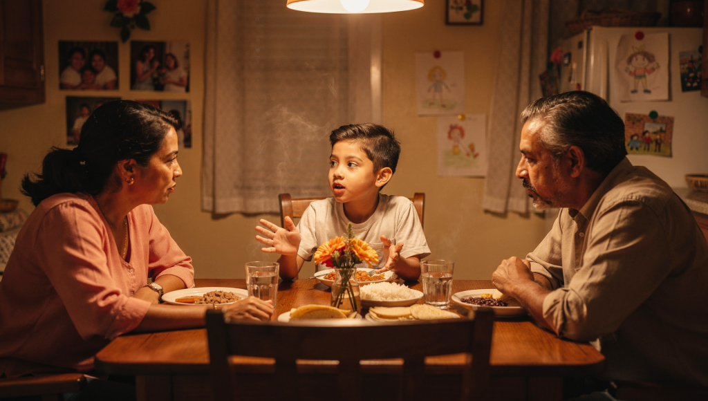 Family practicing healthy respect instead of control as they listen to one another around the table.