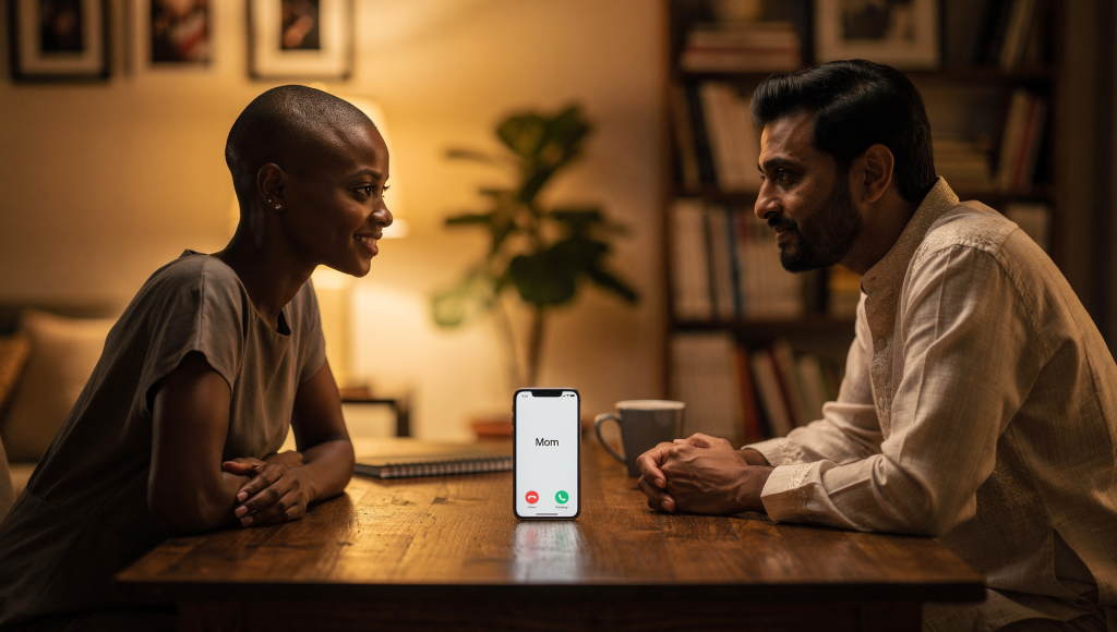 Cross cultural Christian couple discussing how to set boundaries without being disrespectful.