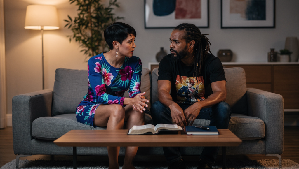 Christian couple trying to discern respect vs control in their marriage conversation.