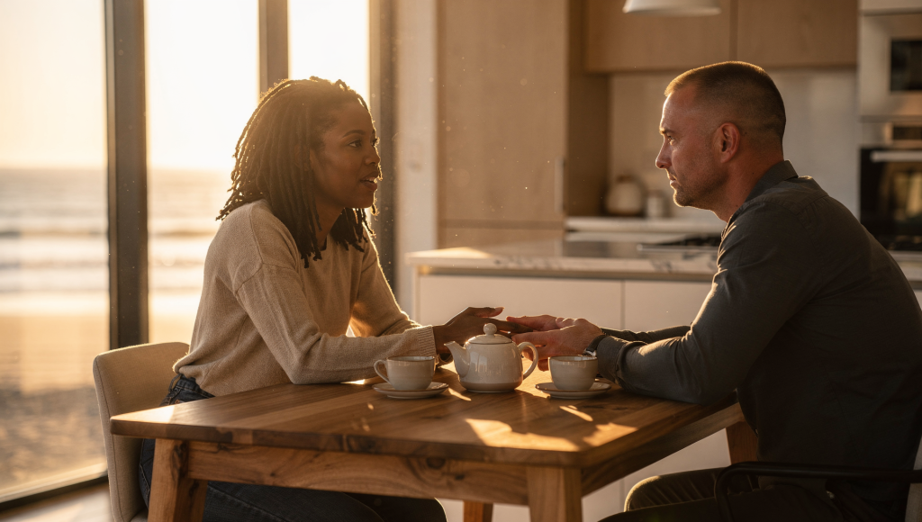 Spouse listening with empathy when their partner feels second to their family.