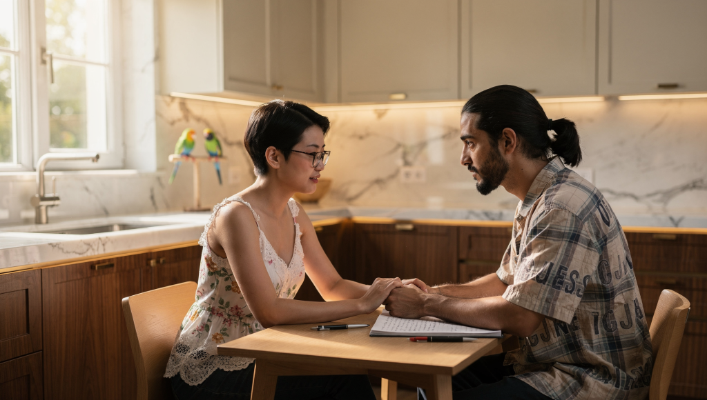 Married couple practicing the United Front Conversation and exactly what to say before talking with family.