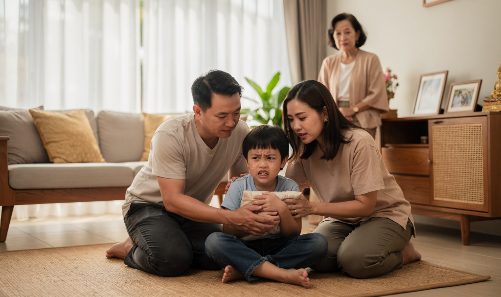 Parents gently disciplining their child while grandparents observe, modeling the United Front Conversation in parenting across cultures.
