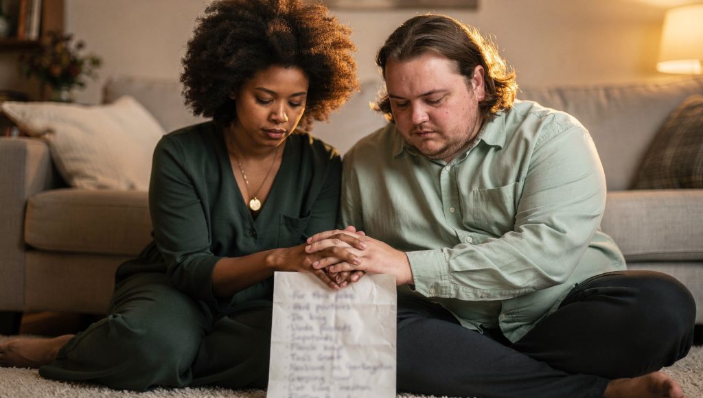 Husband and wife agreeing in prayer as they decide to stop letting in-laws drive their marriage.