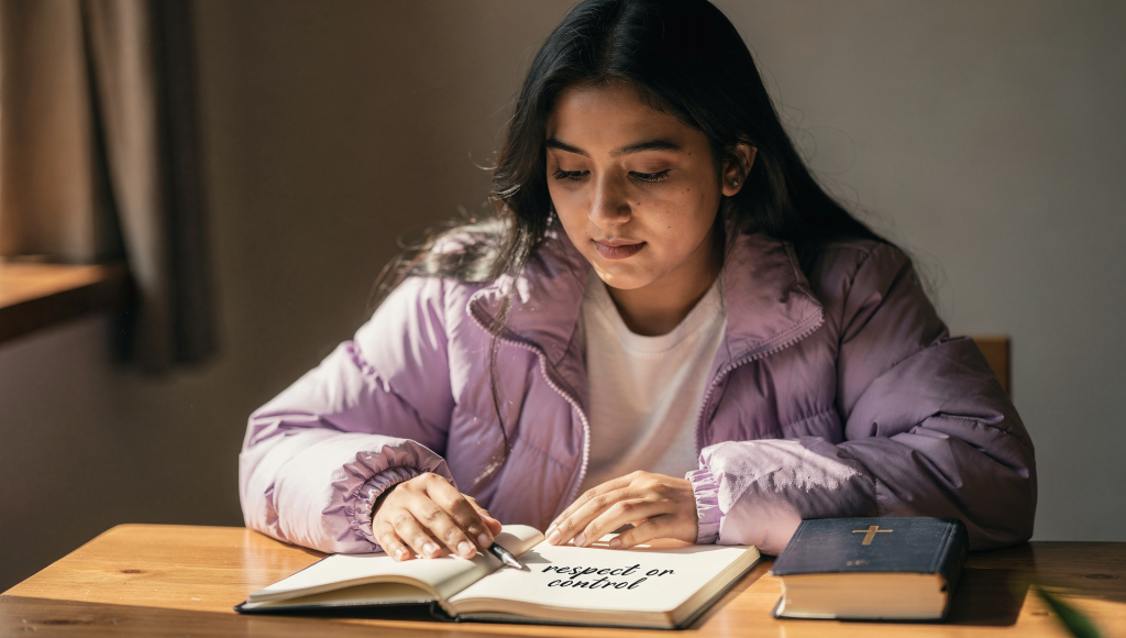 Christian spouse reflecting in prayer about when respect becomes control in marriage.