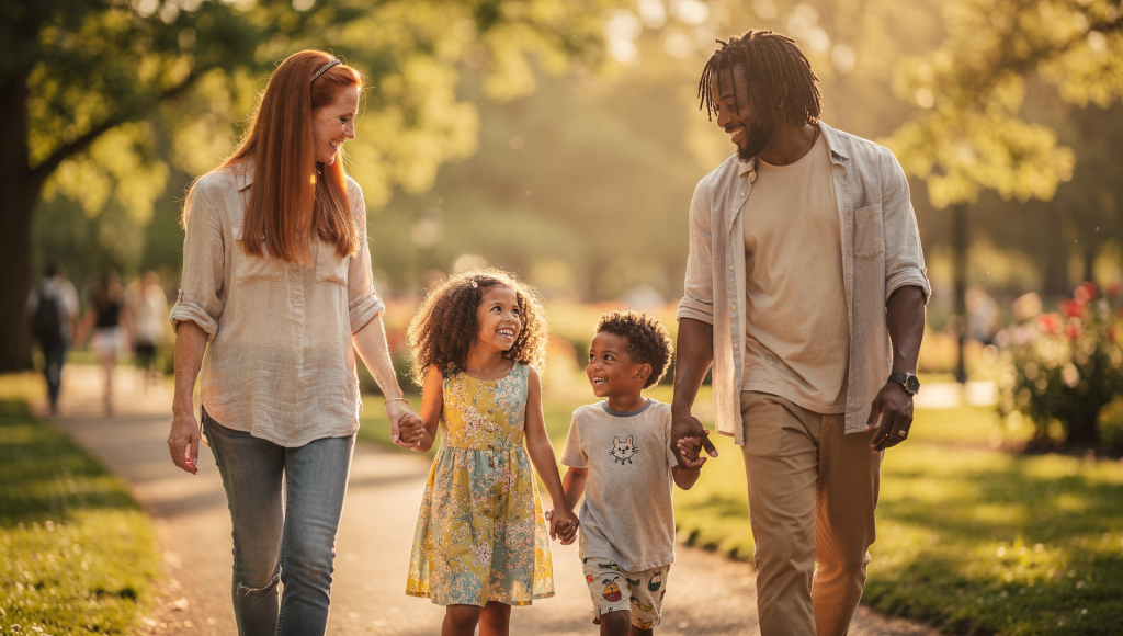 Cross-cultural family walking in unity, showing that Cross-Cultural Marriage Isn’t Hard - Disunity Is when you build a united front.
