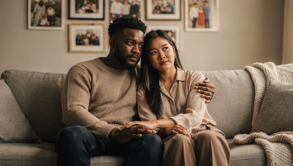 Cross-cultural Christian couple reflecting together about repeated family conflict.