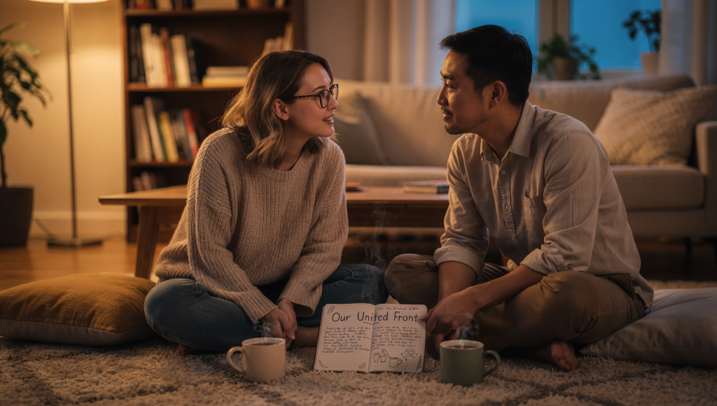 Husband and wife designing The United Front: The Missing Skill in Cross-Cultural Christian Marriage together in a private conversation.