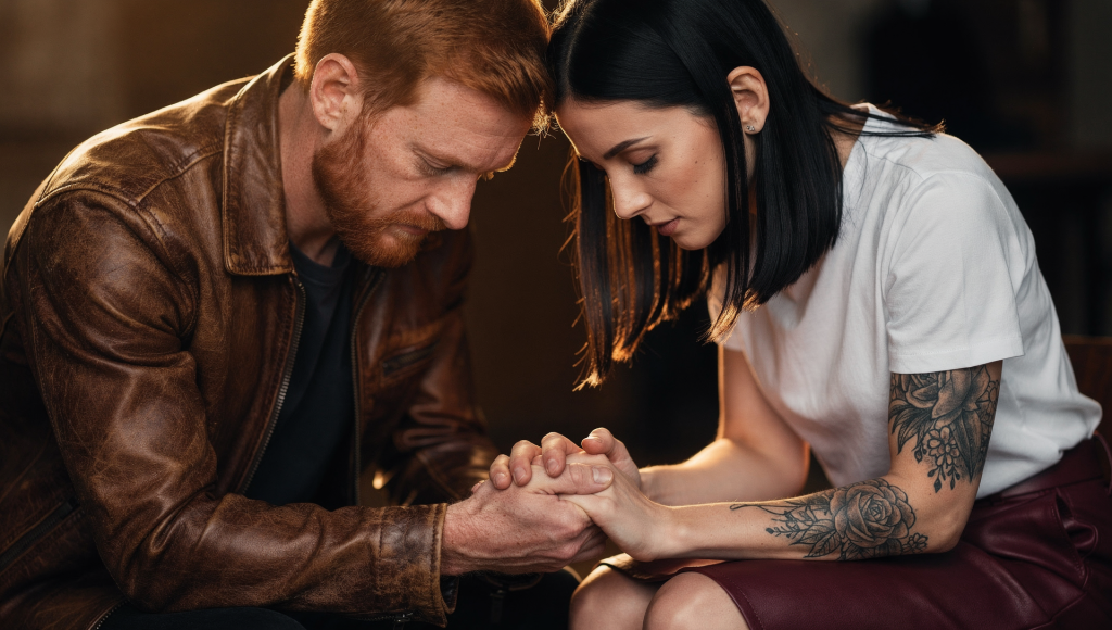 Cross cultural Christian couple praying as they rebuild healthy respect after respect became control in marriage.