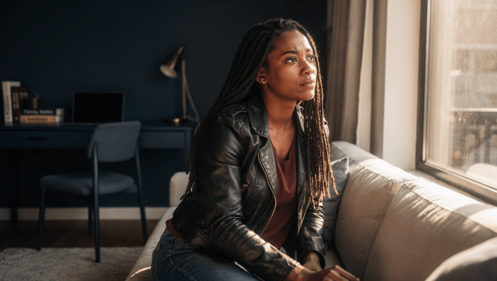 Woman looking out window feeling alone because spouse defends parents instead of her