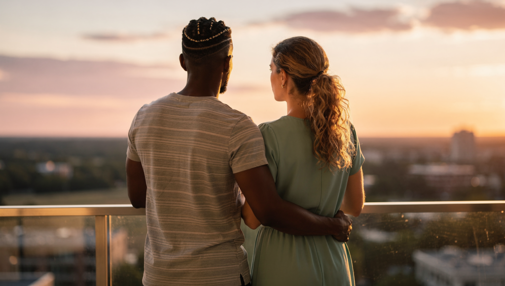 Cross-cultural Christian couple looking forward with hope after addressing in-law and loyalty conflict
