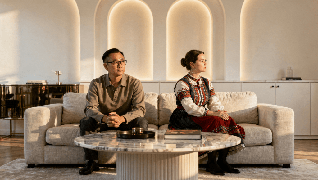 Cross-cultural couple sitting apart on couch dealing with marriage tension and family loyalty conflict