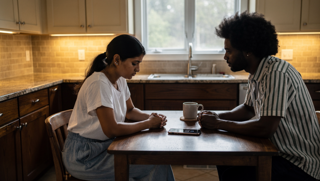 Cross-cultural couple dealing with spouse guilt over parents after a boundary conversation