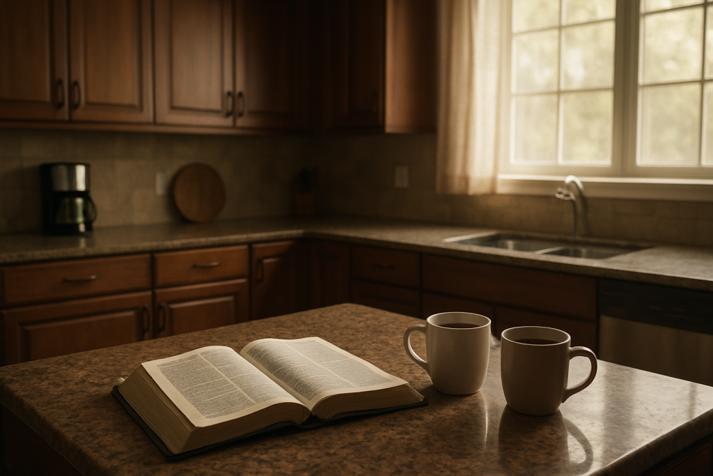 Christian couple's Bible and coffee mugs representing faith-based marriage boundaries