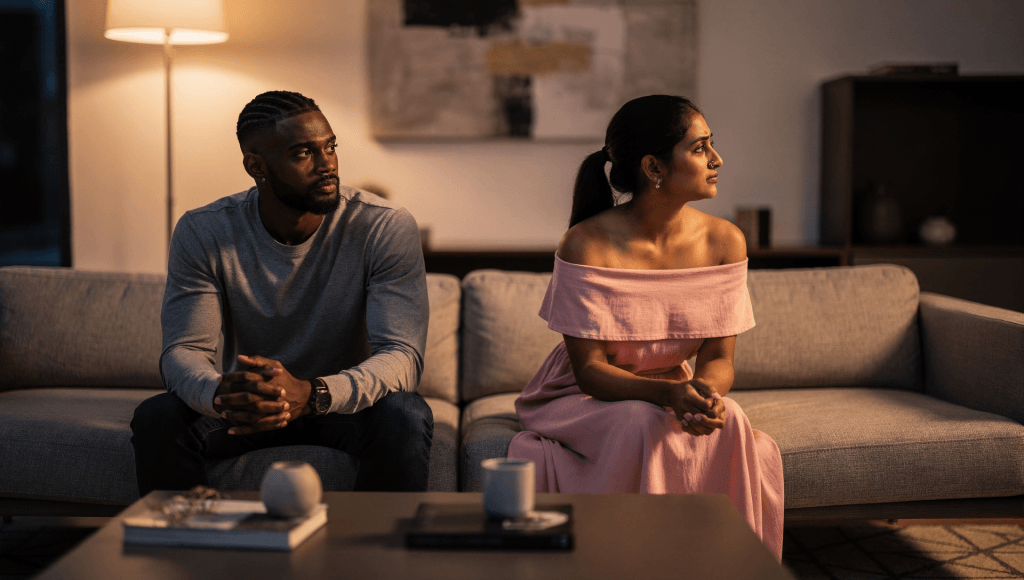 Married couple feeling disconnected because of unresolved in-law conflict in cross-cultural marriage