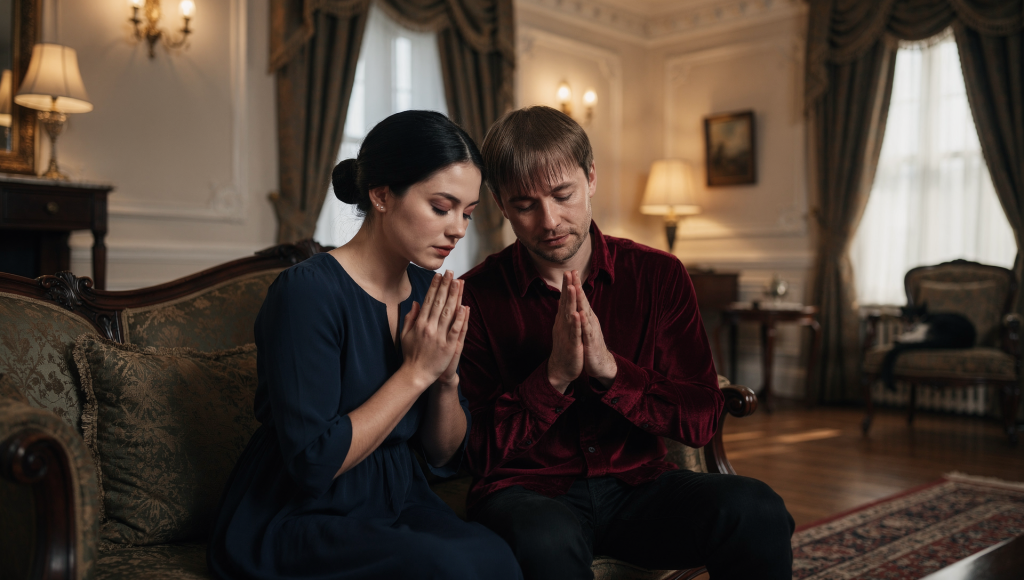 Cross-cultural Christian couple praying together after in-law tension