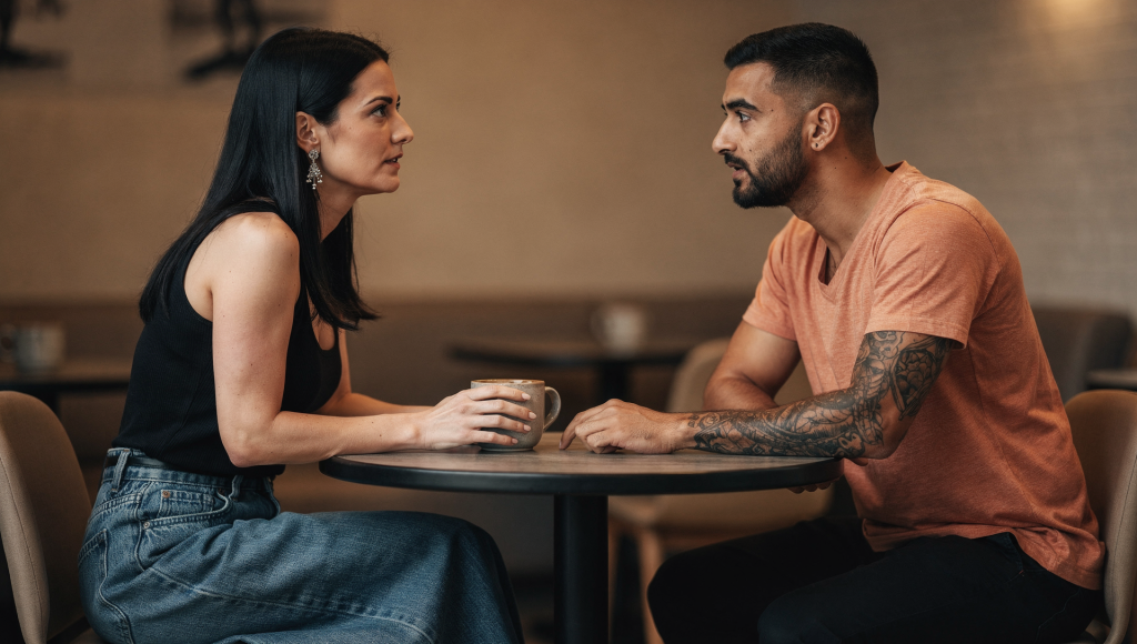 Couple having an honest conversation about loyalty and boundaries in cross-cultural marriage