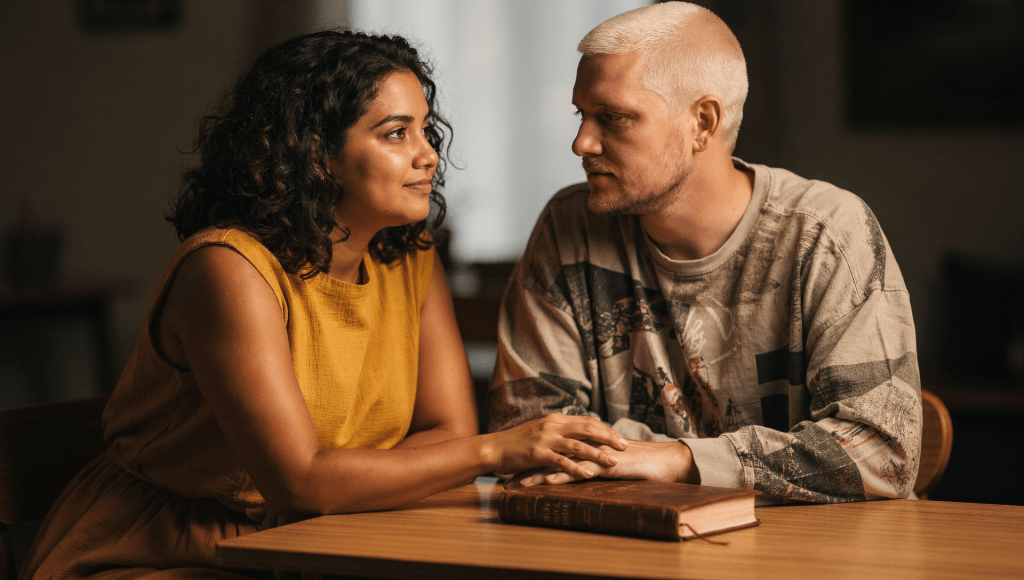 Christian couple holding hands with Bible nearby working on marriage unity and boundaries