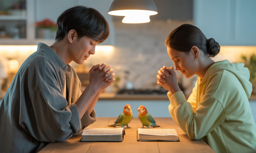 Christian couple praying together about in-law boundaries and marriage unity