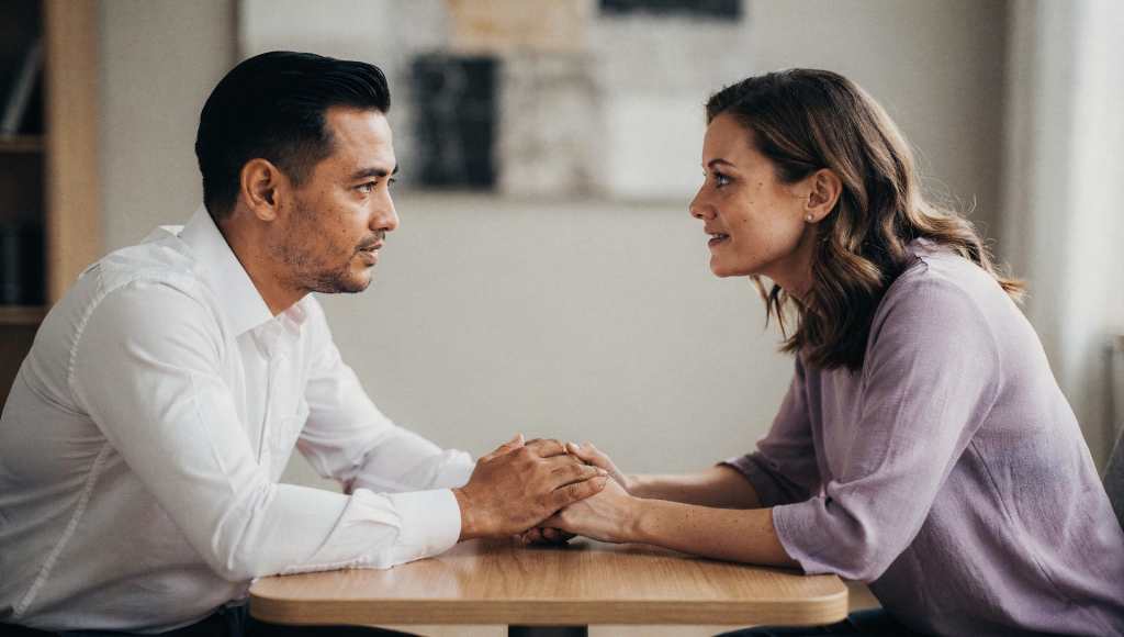 Christian couple working through spouse guilt over parents together