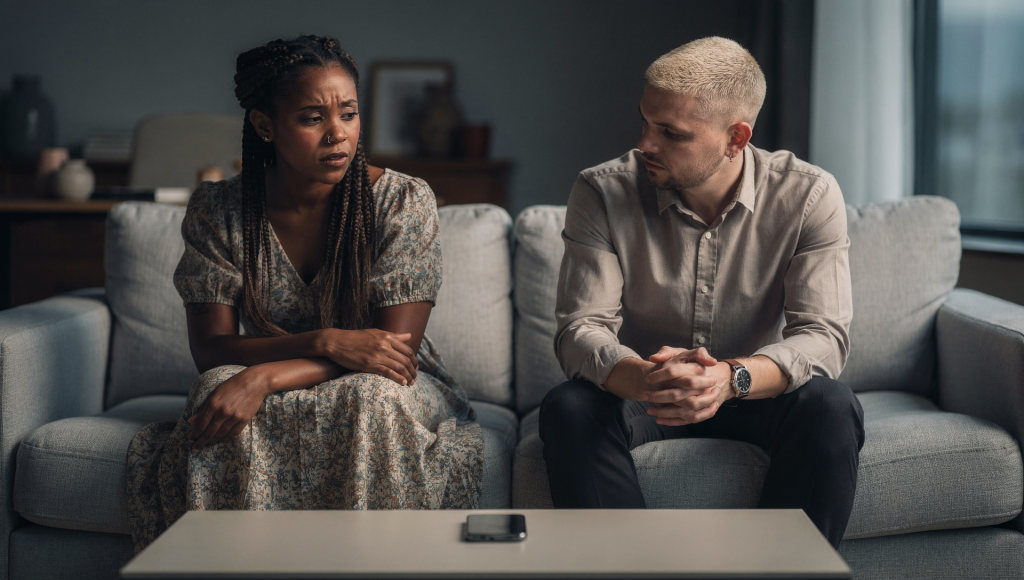 Cross-cultural Christian couple dealing with tension after a family phone call about in-law conflict