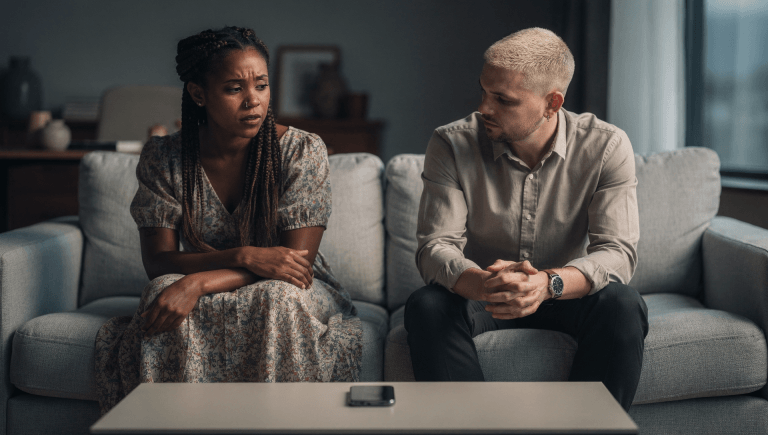 Cross-cultural Christian couple dealing with tension after a family phone call about in-law conflict