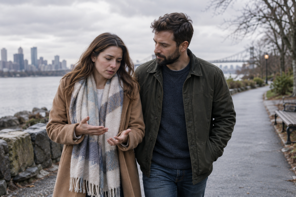 Couple walking together outdoors during a serious conversation.