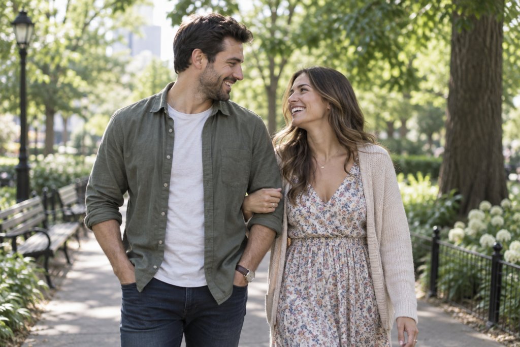 Couple enjoying an easy conversation during a walk in the park.