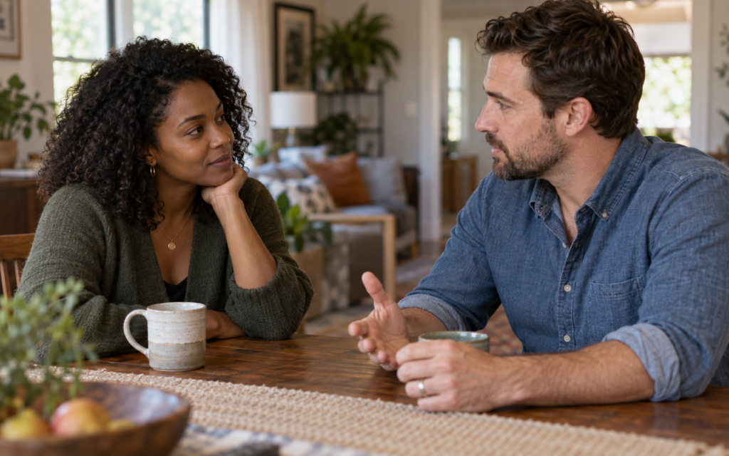 Interracial couple sharing a thoughtful conversation at their table.