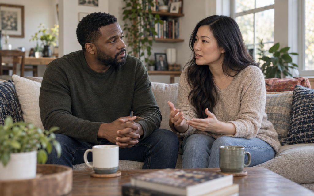 Married couple seated together, having a thoughtful conversation at home.